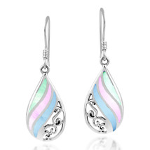 Swirl Rainbow Teardrop Multi-Blue Shell Sterling Silver Dangle Earings - £14.94 GBP