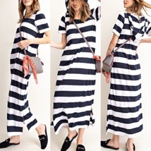 Navy White Rugby Stripe Hooded Short Sleeve Maxi Dress Romper Sz Small - £21.72 GBP