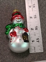 Christmas Snowman W / Candy Cane, Lantern Glass Ornament - £6.99 GBP