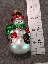 Christmas Snowman W / Candy Cane, Lantern Glass Ornament - £6.76 GBP