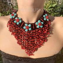 15&quot; Waterfall Fringe Turquoise Unique Handmade Drippy Brach Necklace - £141.14 GBP
