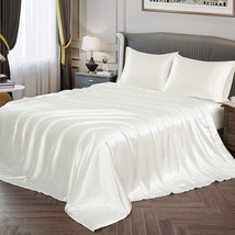 Satin Bed Sheet With Pillowcase White King Size 4 Piece Set For Bedding Coverlet - £59.78 GBP