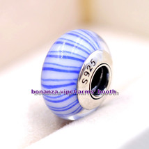 Sterling Silver Handmade Glass Lampwork Blue Candy Stripes Murano Glass Charm - £3.34 GBP