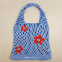 Crochet Floral Tote Shoulder Bag Blue Mesh 21x12&quot; Red Flowers - $15.83