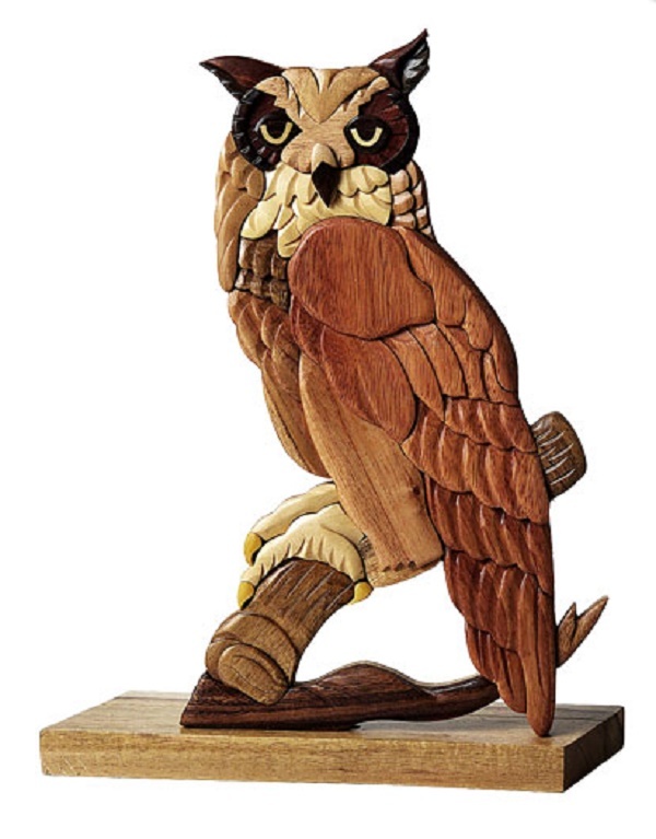 Primary image for Great Horned Owl Bird Intarsia Wood Table Top Home Decor Lodge New