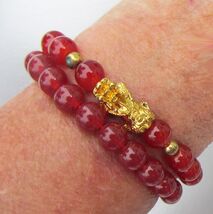 2 Unisex Dark Red Orange Glass Bead Stretch Bracelets, Chinese Dragon Am... - $14.84