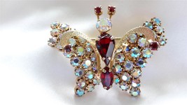 Genuine Vintage Weiss Prong Set Red and AB Rhinestones Butterfly Brooch Pin - £99.60 GBP