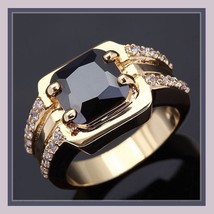Man's Black Octagon Square Cut Sapphire Cz 18K Yellow Gold Filled Fashion Ring