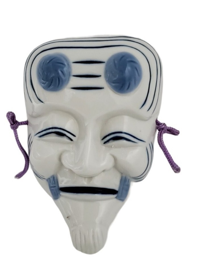 Pier 1 Japanese Okina Mask Wall Hanging Blue White Ceramic 5&quot; - $9.96
