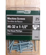 25-Pc Machine Screws #6-32 x 1-1/2&quot; Phillips Flat Head Zinc Crown Bolt 3... - $6.90