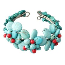 Triple Flower Cluster Turquoise/Coral Cuff/Bracelet - £11.13 GBP