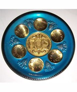 Tranditional Blue Enamel Brass Judaica Seder Serving Plate Hebrew Made i... - $103.89