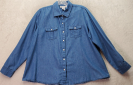 C.D. Petites Shirt Women Size PL Blue Sparkly 100% Cotton Pearl Snap Button Down - £13.85 GBP