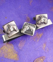 Estate Jewelry Vintage Mare Cufflinks Extra Long Tie Clip Set Silver Horse Desig - £86.50 GBP