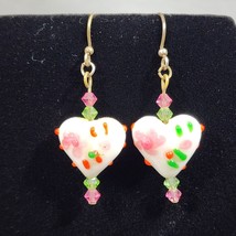 Lamp Work Art Glass Hearts Floral White Pink Green French Hook Pierced E... - $31.81 CAD