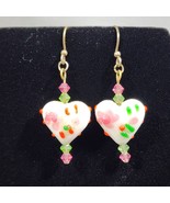 Lamp Work Art Glass Hearts Floral White Pink Green French Hook Pierced E... - €20,16 EUR