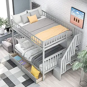 Full Over Full Bunk Bed With Stairs Storage And Drawers, Wooden Stairway... - $1,119.99