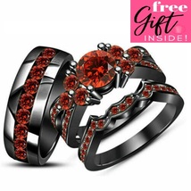 2.5ct Garnet His and Hers Solitaire Wedding Band Trio Ring Sets with free gift  - £123.64 GBP