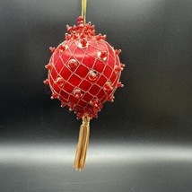 Vintage 4&quot; Red Satin Gold Tassel Sequin Beaded Push Pin Christmas Ornament MCM - £14.95 GBP