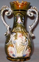 Vintage Majolica Two Handled Vase c1900 Floral Transfer Ware - £39.32 GBP