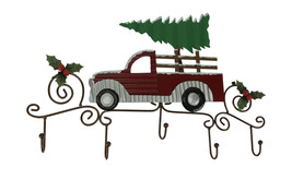 Zeckos Metal Art Scroll Rustic Red Truck with Tree and Holly Wall Hook Rack - £17.12 GBP