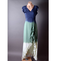Blue Green Ombre Ruffle Open Slit Zip Womens Asymmetrical Long Maxi Dres... - $54.84 CAD