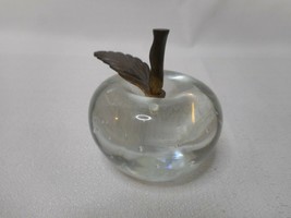 Glass Clear Apple Paperweight with Controlled Bubbles Vintage Brass Stem Leaf - £17.17 GBP