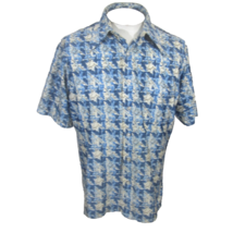 JC Penney vintage 1970s Men shirt polyester pit to pit 23 L print blue d... - $42.56