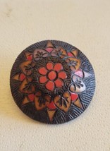 Antique Hand Carved Wooden Painted Round Mandala Brooch Pin Heart Flower - £9.49 GBP