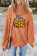 Orange Halloween Leopard Pumpkin Patchwork Ribbed Sweatshirt - $19.64