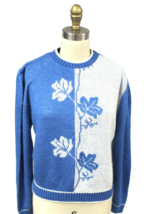 VTG 70s Blue White Intarsia Floral Puff Sleeve Sweater Women Sz L - $39.55
