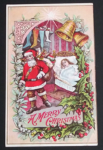 A Merry Christmas Santa w/ Toys Holly Sleeping Girl Embossed Postcard c1... - $9.99