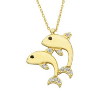 1Ct Round Cut Cubic Zirconia Double Dolphin Pendant 14K Yellow Gold Plated - £95.69 GBP