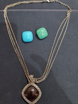 Silver Tone Reversible Colored Stone Necklace.  Blue, Green, Brown Stone... - $374.96 MXN