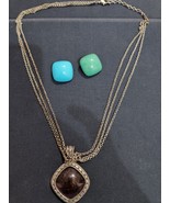 Silver Tone Reversible Colored Stone Necklace.  Blue, Green, Brown Stone... - $365.17 MXN