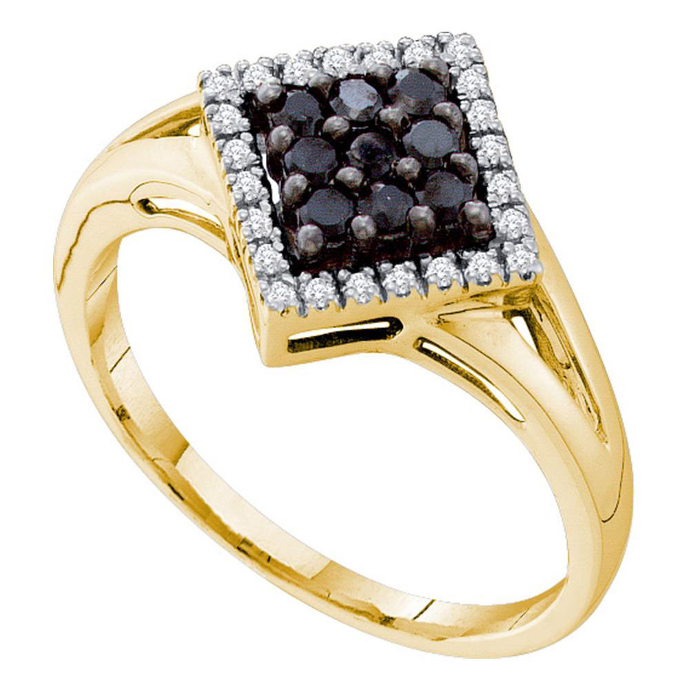 14kt Yellow Gold Round Black Color Enhanced Diamond Square Cluster Ring 1/5 Cttw