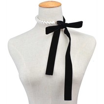 Punk Long Wide Black Velvet Ribbon Choker Bow Tie Simulated  Beads Charm Collar  - £12.62 GBP