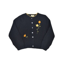 Vintage Bulky Floral Cardigan Sweater Womens S Black Orlon Acrylic Knit Jumper - £21.35 GBP