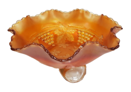 VTG Fenton Carnival Glass Vine Leaf Marigold Stag &amp; Holly Ruffled Footed... - $25.64