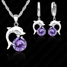 Pure .925 Silver Purple CZ Dolphin Necklace &amp; Earrings Set, Dolphin Jewelry Set - £21.98 GBP
