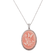 18&quot; Butterfly and Flower Cameo Silver Necklace with Crystals - £36.49 GBP