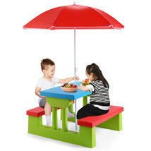 4 Seat Kids Patio Picnic Table W/ Umbrella Garden Yard Folding Children Bench - £79.54 GBP