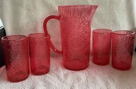 Durable Bright Pink Acrylic 4 Tumblers &amp; Matching Pitcher Glasses Emboss Flowers - $54.99