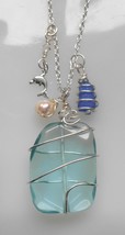 Necklace Wire Wrapped Aqua Blue Faceted Quartz, Cobalt Blue Sea Glass, Dolphin  - £19.91 GBP