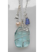 Necklace Wire Wrapped Aqua Blue Faceted Quartz, Cobalt Blue Sea Glass, D... - £19.61 GBP