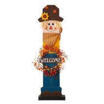 42”H LED Lighted Wooden Scarecrow Porch Sign w/ Wreath Fall Welcome - £107.45 GBP