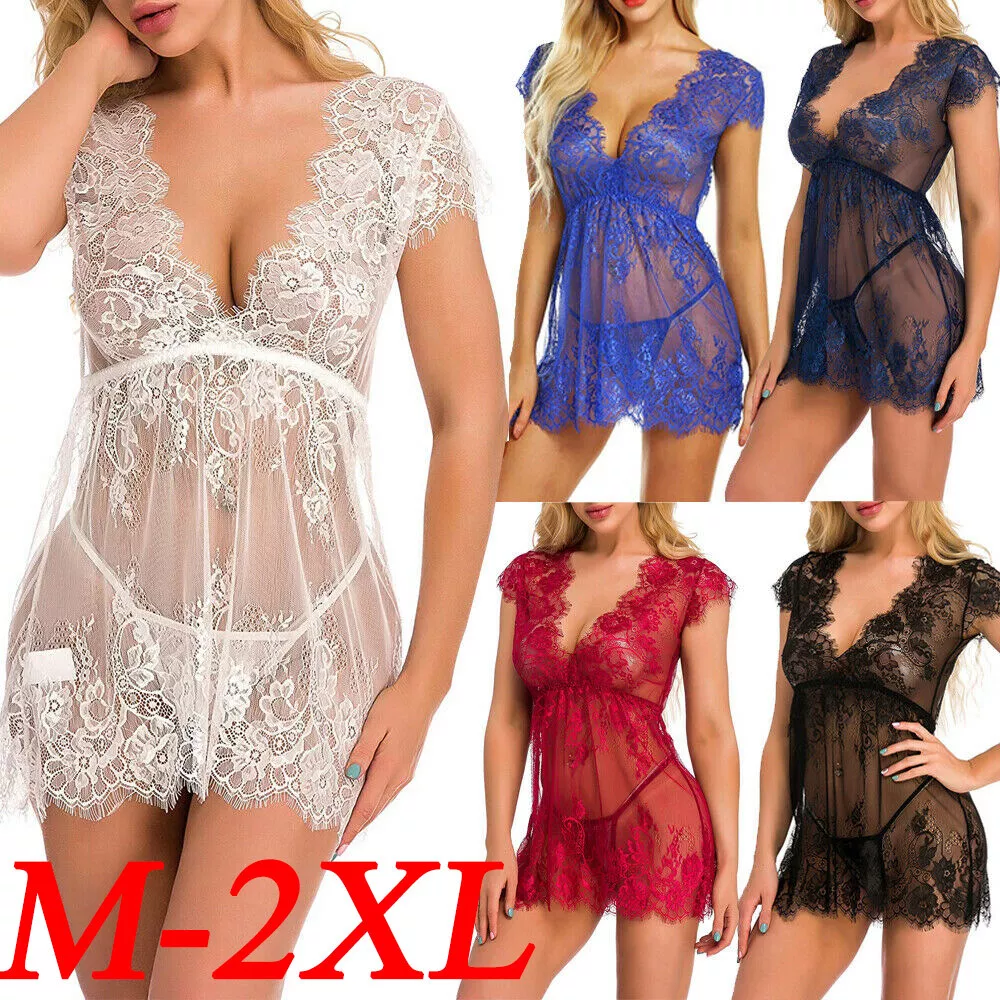 PlSize Women Sexy Eyelash Lace Lingerie Deep V Neck Babydoll Sleepwear Dress - £13.41 GBP