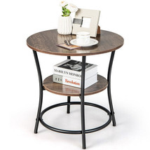 2-Tier Round End Table with Open Storage Shelf and Sturdy Metal Frame-Natural -  - £54.15 GBP