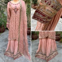 Pakistani pink low high Style Fancy Embroidered  3pcs Chiffon Gharara Dress,M - £103.19 GBP