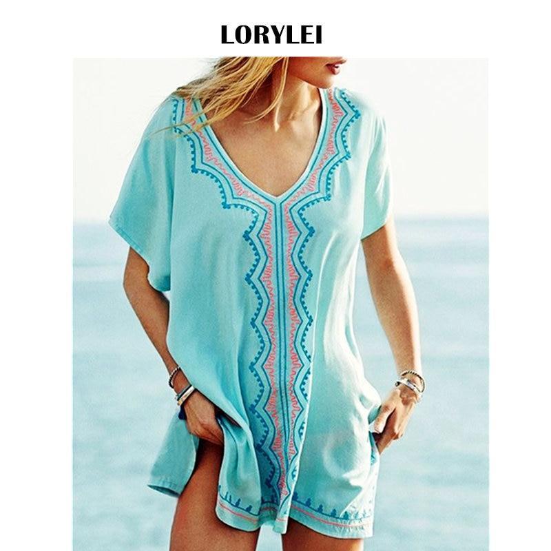 Lake Green Boho Embroidery Mini Beach Dress Short Sleeve Women Tunic Beach Cover - $27.95